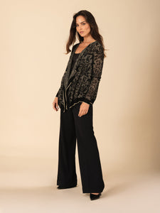 Semi-Sheer & Metallic Intricate Floral Print Longsleeve Cardigan. Vertigo
