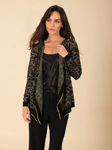 Semi-Sheer & Metallic Intricate Floral Print Longsleeve Cardigan. Vertigo