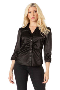 City Girl Button Front Satin Blouse Vertigo