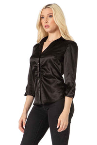 City Girl Button Front Satin Blouse Vertigo
