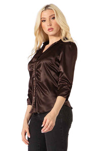 City Girl Button Front Satin Blouse Vertigo