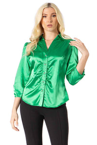 City Girl Button Front Satin Blouse Vertigo