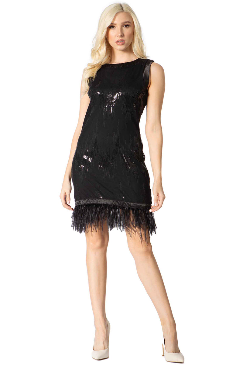 Sparkling Black Mini‐Dress with Feathered Bottom Trim – Vertigo