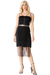 Strappy Black Mini‐Dress with Fringe Trim Vertigo 