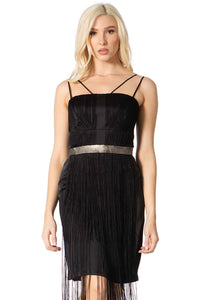Strappy Black Mini‐Dress with Fringe Trim Vertigo 