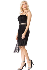 Strappy Black Mini‐Dress with Fringe Trim Vertigo 