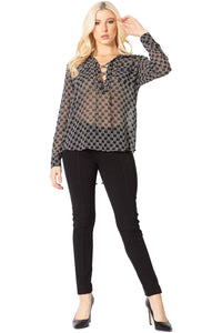 Vertigo Logo Print Sheer Tie Bust Blouse Vertigo 