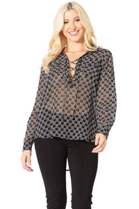 Vertigo Logo Print Sheer Tie Bust Blouse Vertigo 