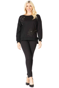Faux-Pearl Beaded Floral Patches Crewneck Pullover Vertigo